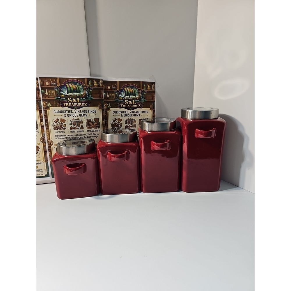 Mainstays 4 Piece Red Ceramic Set With Twist Tops And Spoon Holders
